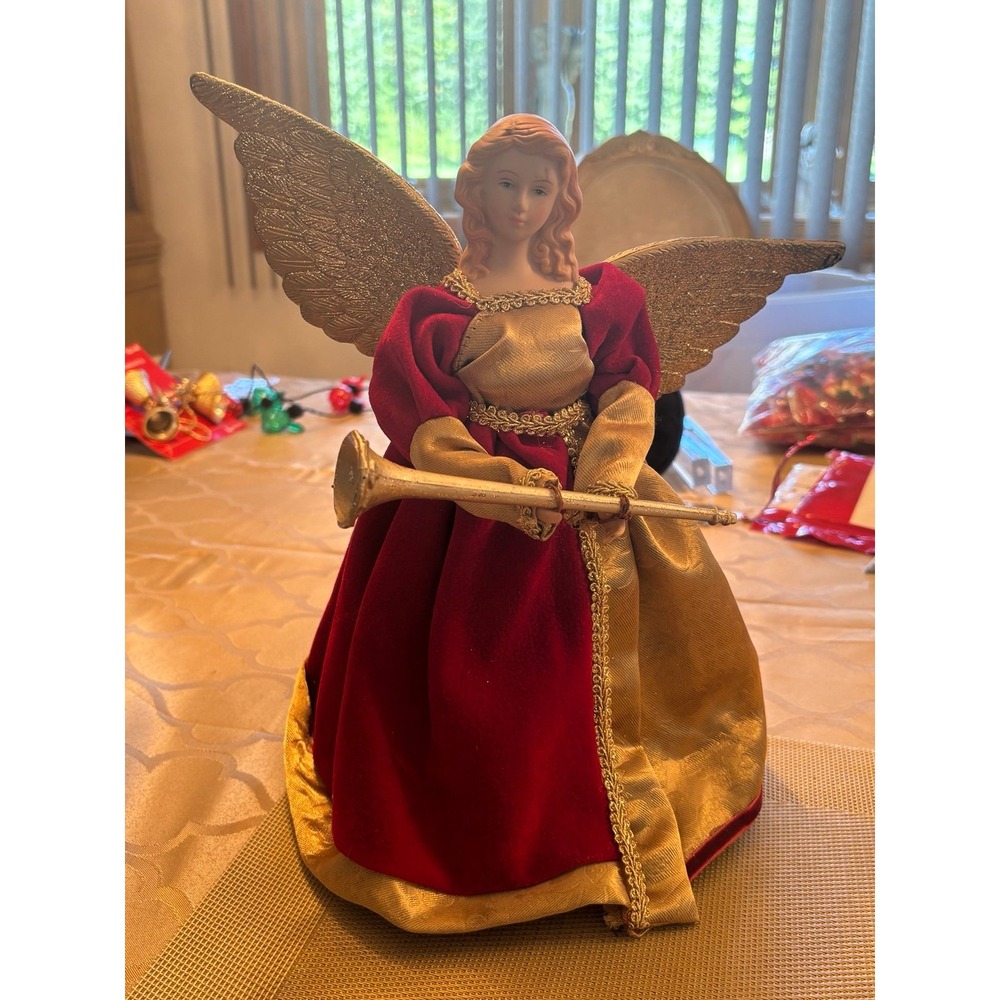 Vintage 12" Ceramic Angel Christmas Tree Topper Velvet BurgundyRed&Gold Dress